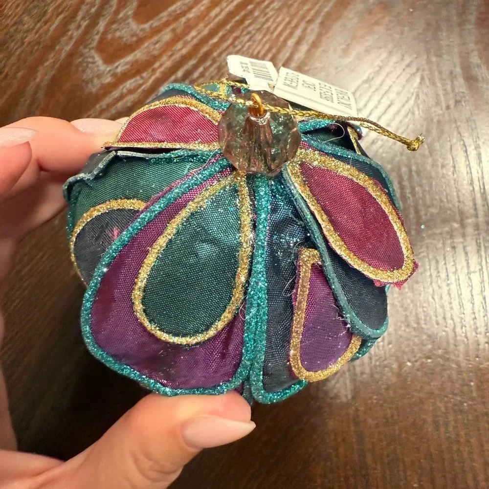 Vintage Pier One Peacock Fabric Glitter Christmas Tree Ornaments Decor Holiday